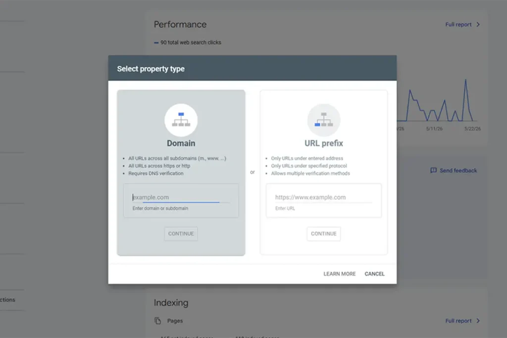 Google Search Console domeeni või veebilehe lisamine.