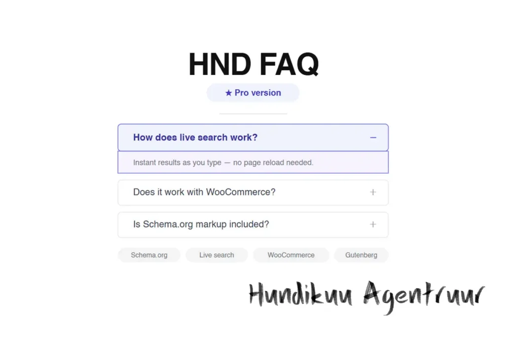 WordPressi KKK plugin Schema.org märgistuse, reaalajas otsingu, WooCommerce'i tootevahekaardi, küsimuste soovituste ja täiustatud analüütikaga. Tasuta versioon WP.org-is.